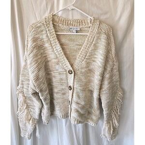 Jessica Simpson Cardigan Sweater Beige Fringe Button Down Boho Western Women's M